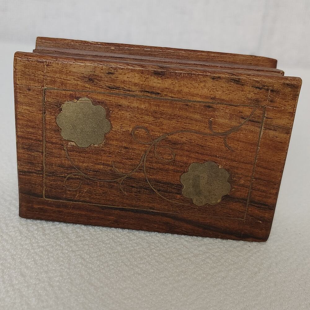 Mini Wood Trinket Box Brass Floral Inlay Boho Artisan Ring Keepsake 3x2